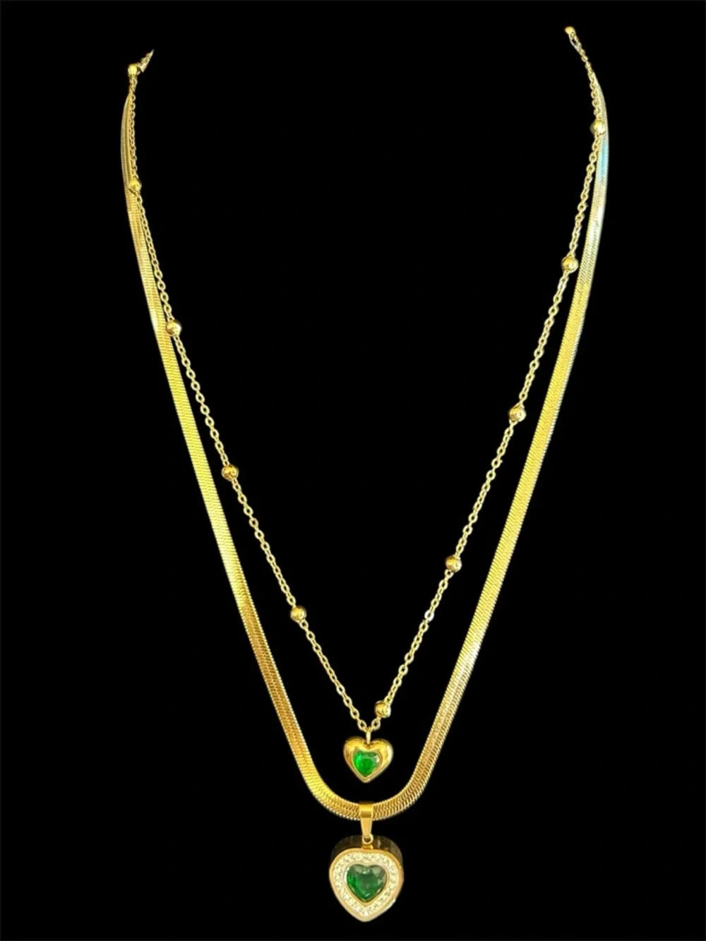 Emerald Green Layered Heart 18K Gold Plated Pendant Stainless Steel Necklace - Picture 2 of 5